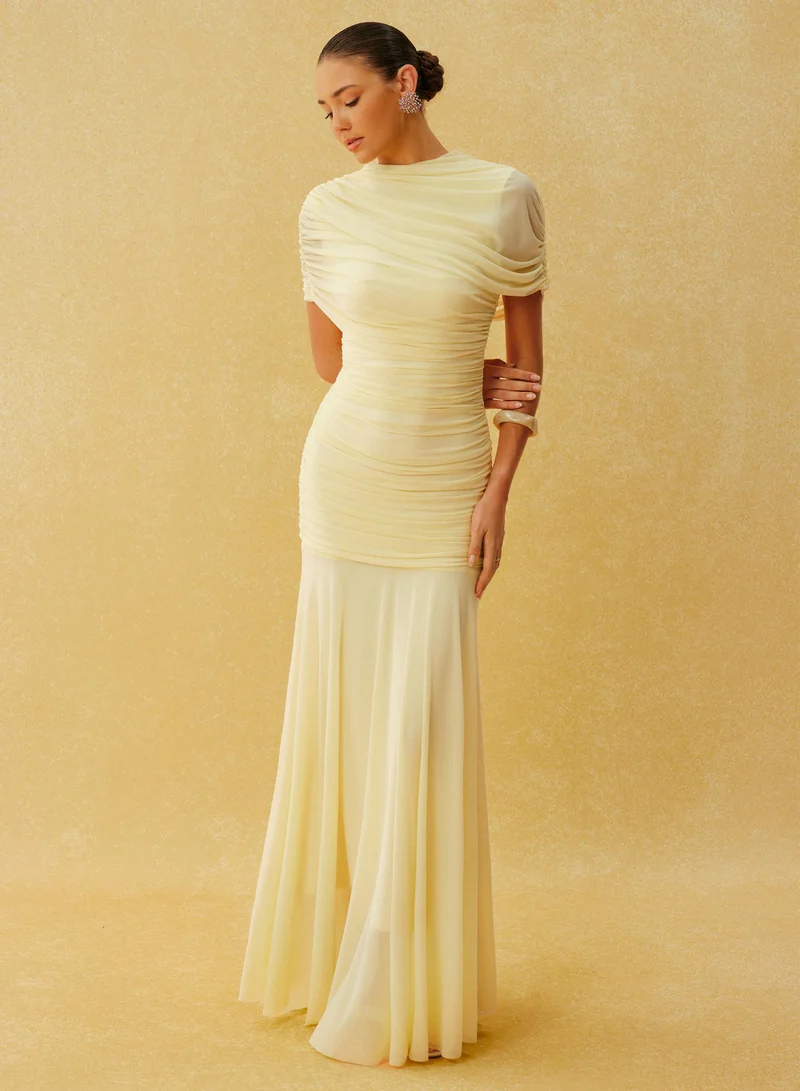 Sunfere  Catching Light Yellow Draped Cape Ruched Maxi Dress for Women | Best Price UAE