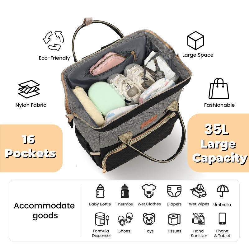 ROSEGIN Diaper Bag Backpack with Changing Pad, Pacifier Case, Baby Bag for Boy Girl Toddler - Large, Stylish, Waterproof Travel Diaper Bag for Mom - Baby Shower - Black Grey - Image 2