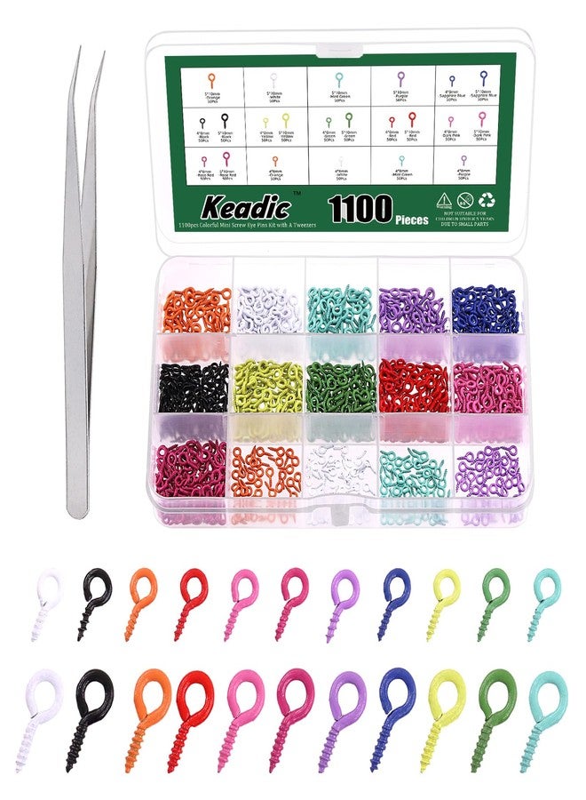 Keadic 1100Pcs Colorful Screw Eye Pins for Jewelry Making, 11 Color Mini Metal Eyelets Screw Clasps Hook Rings for Cork Top Bottles, Art DIY Jewelry, Charm Bead - Image 1