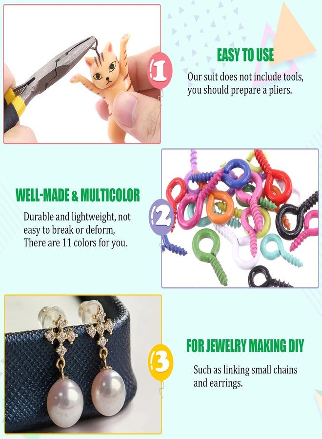 Keadic 1100Pcs Colorful Screw Eye Pins for Jewelry Making, 11 Color Mini Metal Eyelets Screw Clasps Hook Rings for Cork Top Bottles, Art DIY Jewelry, Charm Bead - Image 3