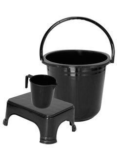 Kuber Industries Kuber Industries 3 Pieces Plastic Bucket, Mug & Stool Set (Black)  - Image 1