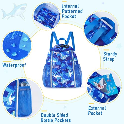 WAWSAM Kids Gym Drawstring Backpack String Bag, Shark Sports Gym Bag for Kids Boys Waterproof Swimming Beach String Cinch Backpack with Two Water Bottle Pocket - Image 5