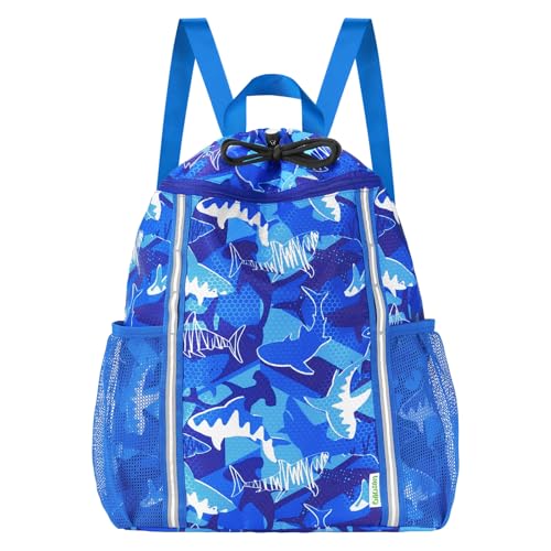 WAWSAM Kids Gym Drawstring Backpack String Bag, Shark Sports Gym Bag for Kids Boys Waterproof Swimming Beach String Cinch Backpack with Two Water Bottle Pocket - Image 1