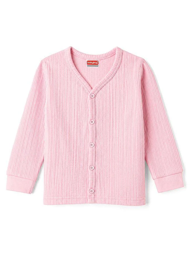 Babyhug Babyhug Cotton Knit Full Sleeves Front Open Solid Thermal Inner Wear Set - Pink