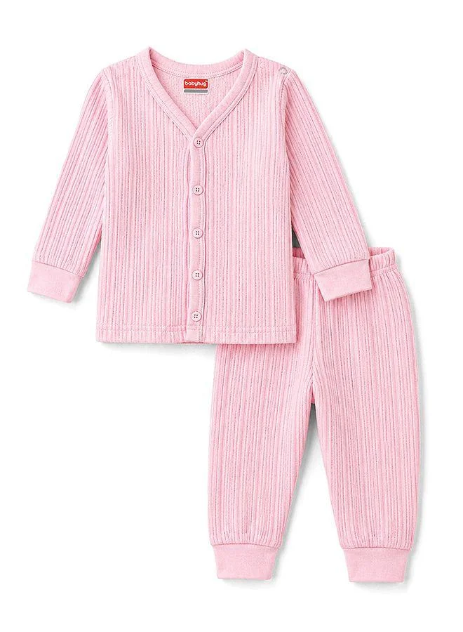 Babyhug Babyhug Cotton Knit Full Sleeves Front Open Solid Thermal Inner Wear Set - Pink