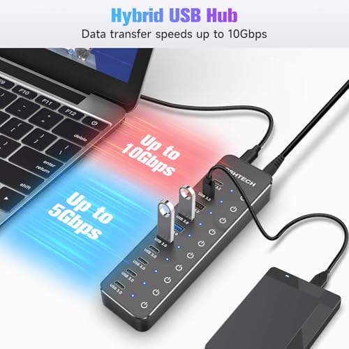 RSHTECH 10 Ports Powered USB 3.2/USB C Hub Splitter 60W with 3 x 10Gbps USB 3.2 Ports (2C + 1A),7 x USB 3.0 Ports (4C +3A), 3.3ft Cable and Individual Touch Switches for Laptop PC - Image 3
