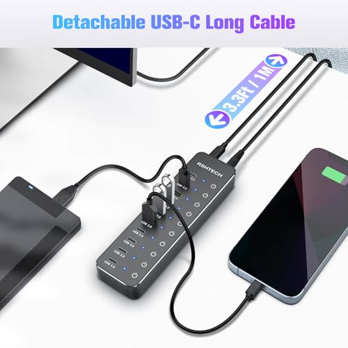 RSHTECH 10 Ports Powered USB 3.2/USB C Hub Splitter 60W with 3 x 10Gbps USB 3.2 Ports (2C + 1A),7 x USB 3.0 Ports (4C +3A), 3.3ft Cable and Individual Touch Switches for Laptop PC - Image 5