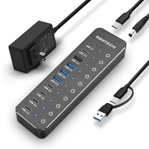 RSHTECH 10 Ports Powered USB 3.2/USB C Hub Splitter 60W with 3 x 10Gbps USB 3.2 Ports (2C + 1A),7 x USB 3.0 Ports (4C +3A), 3.3ft Cable and Individual Touch Switches for Laptop PC - Image 1