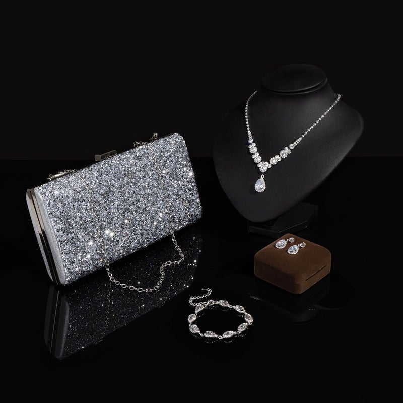 FEYIR Jewelry Set for Women Evening Clutch Purse Rhinestone Earrings Necklace Bracelet Rhinestone Costume Accessories Jewelry Formal Wedding Prom Jewelry - Image 4