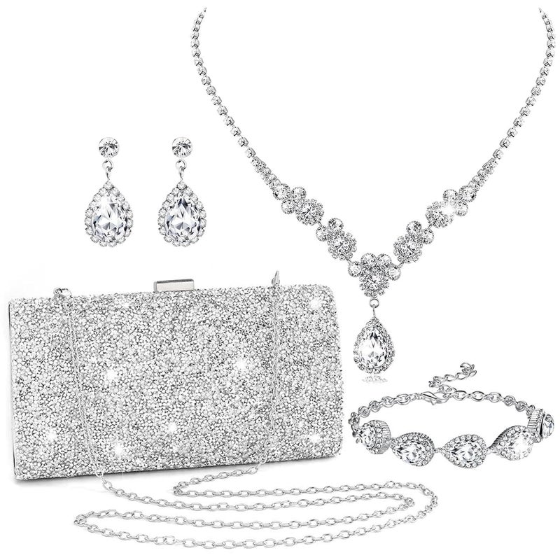 FEYIR Jewelry Set for Women Evening Clutch Purse Rhinestone Earrings Necklace Bracelet Rhinestone Costume Accessories Jewelry Formal Wedding Prom Jewelry - Image 1