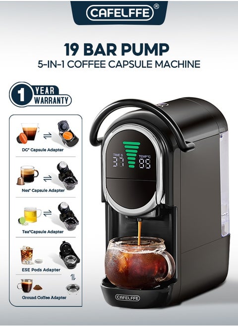 5 In 1 Hot Cold Automatic Capsule Coffee Machine With 7 Levels Water Volume And 15 Levels Temperature Adjustment For NS And DG Pod Ground Coffee And Tea Capsule Black