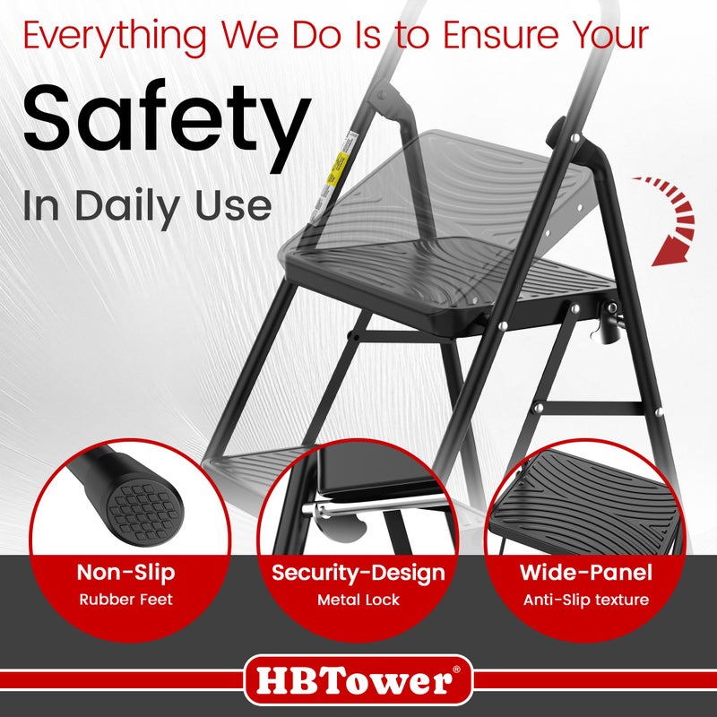 HBtower 2 Step Ladder, Step Stool with Wide Anti-Slip Pedal, Step Ladder Folding Step Stool for Adults, Lightweight Steel Portable ladders for Home Kitchen - Image 5