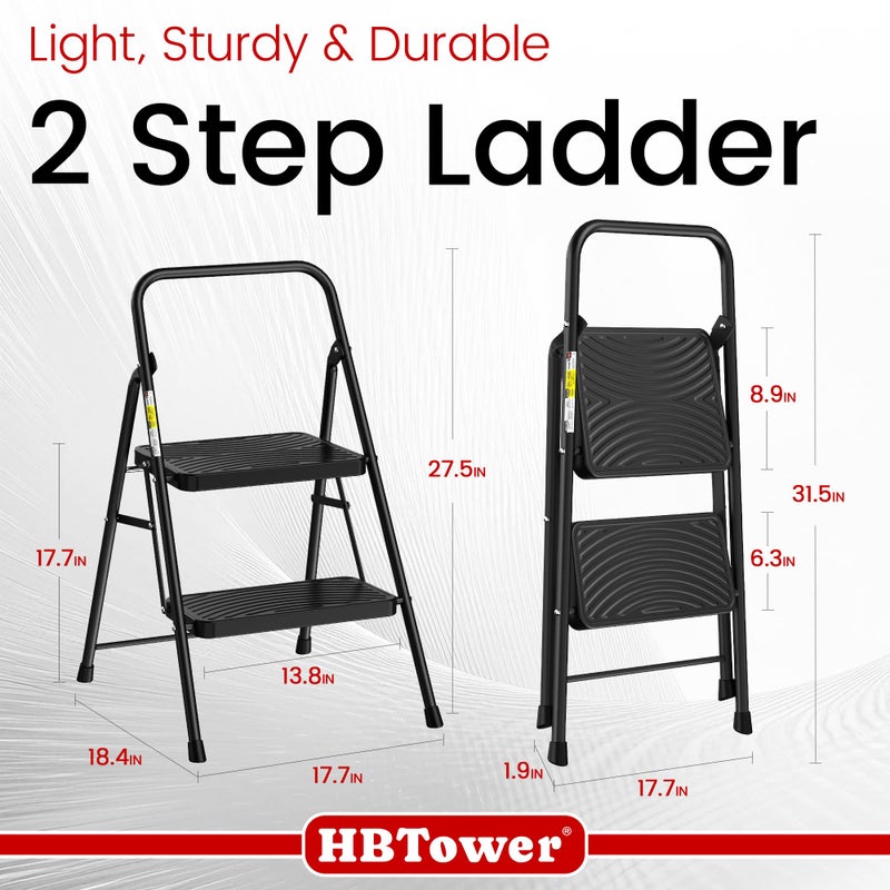 HBtower 2 Step Ladder, Step Stool with Wide Anti-Slip Pedal, Step Ladder Folding Step Stool for Adults, Lightweight Steel Portable ladders for Home Kitchen - Image 2