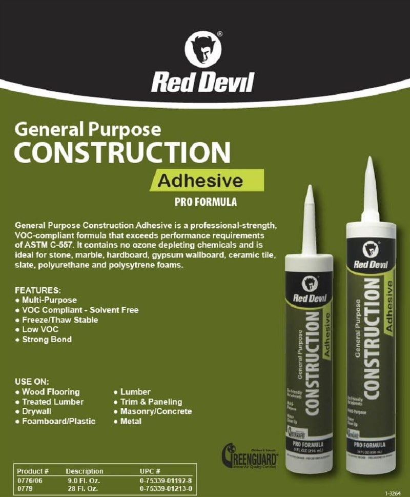 Red Devil 077606 General Purpose Construction Adhesive, 9 oz, 6-Pack, White - Image 2