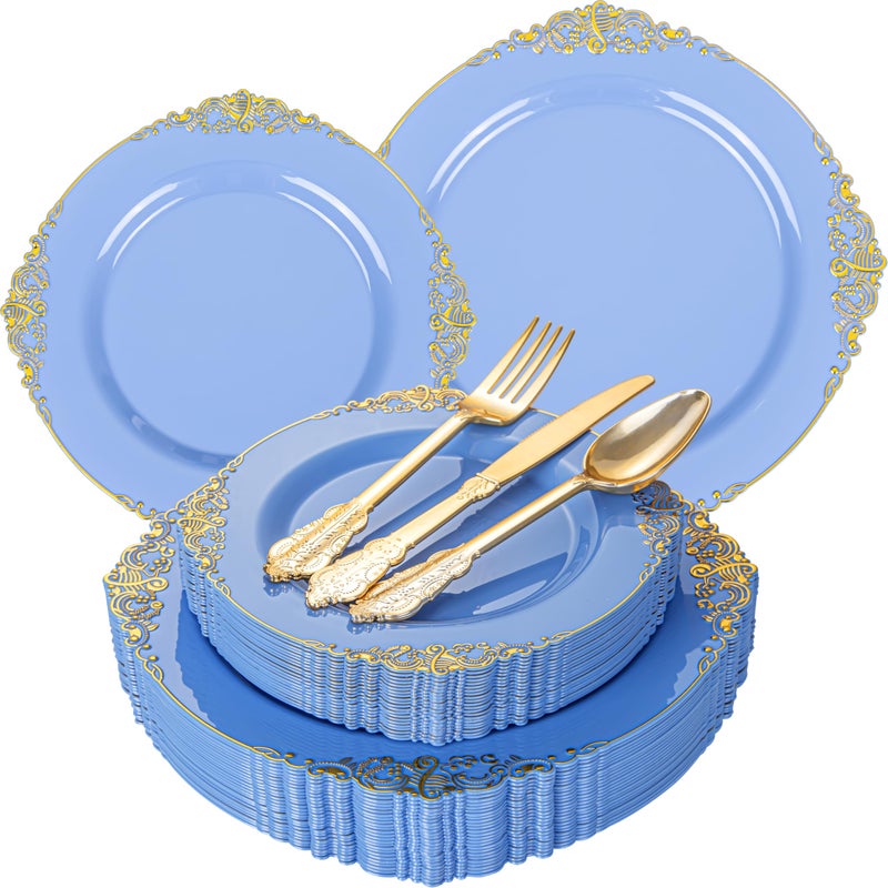 Joyido 125PCS Blue and Gold Plastic Plates Airy Blue Disposable Plate Gorgeous Plates with Gold Plastic Silverware Sets for 25 Guests for Party Wedding Spring - Image 3