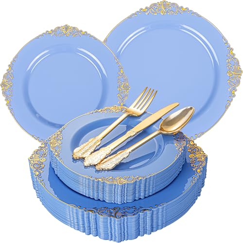 Joyido 125PCS Blue and Gold Plastic Plates Airy Blue Disposable Plate Gorgeous Plates with Gold Plastic Silverware Sets for 25 Guests for Party Wedding Spring - Image 2