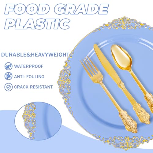Joyido 125PCS Blue and Gold Plastic Plates Airy Blue Disposable Plate Gorgeous Plates with Gold Plastic Silverware Sets for 25 Guests for Party Wedding Spring - Image 5