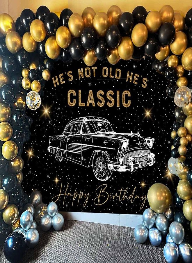 Sensfun 7x5ft Classic Car Birthday Backdrop Banner He's Not Old He's Classic 1950s Vintage Car Funny Man Shining Star Black Gold Nostalgia Photography Background Retro Car Birthday Party Decorations - Image 2