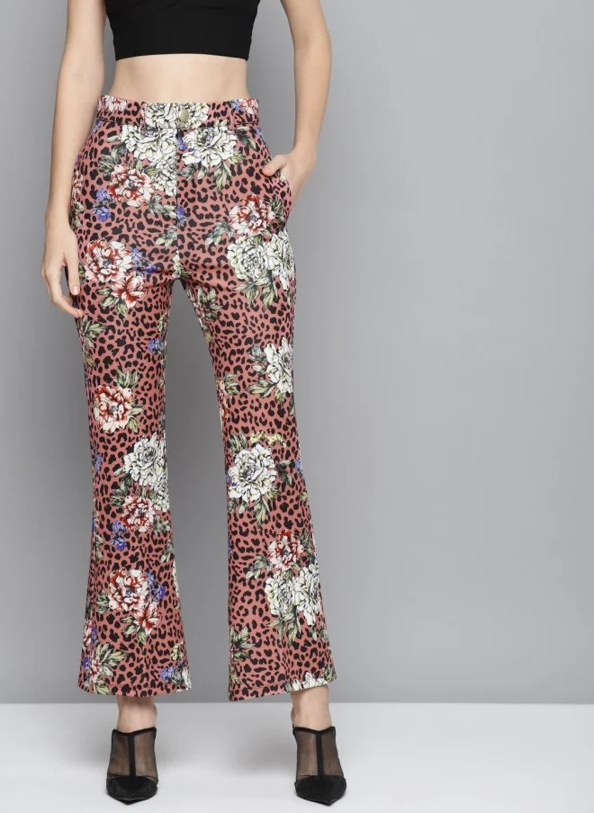 SASSAFRAS Floral Printed Slim Fit Bell Bottom Pants for Women