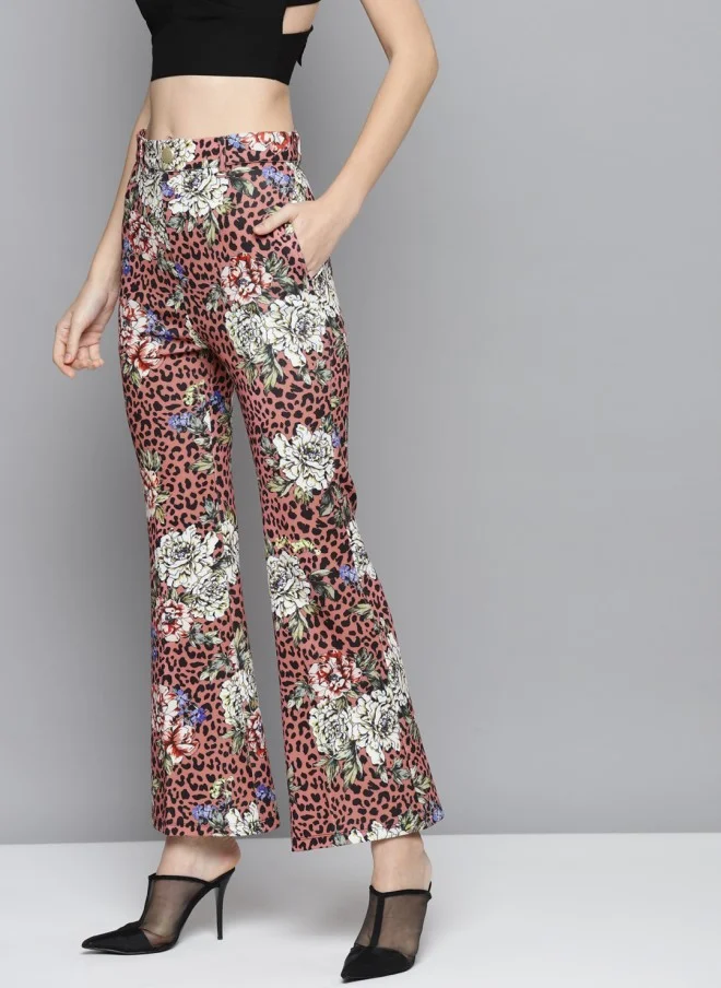 SASSAFRAS Floral Printed Slim Fit Bell Bottom Pants for Women