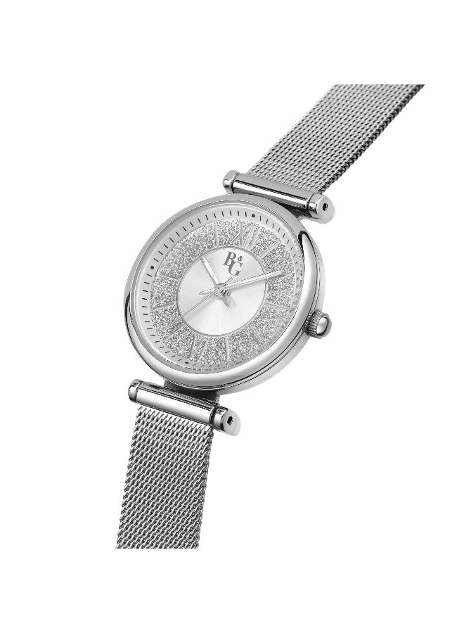 B&G Women's Silver Round Analog Dial with Silver Metal Band Watch - 28mm - R3853302504 - Image 2