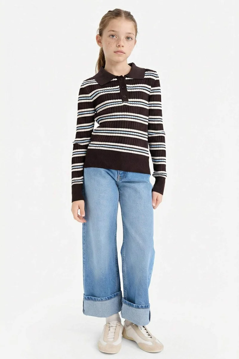 ديفاكتو Girl Regular Fit Polo Collar Pullover