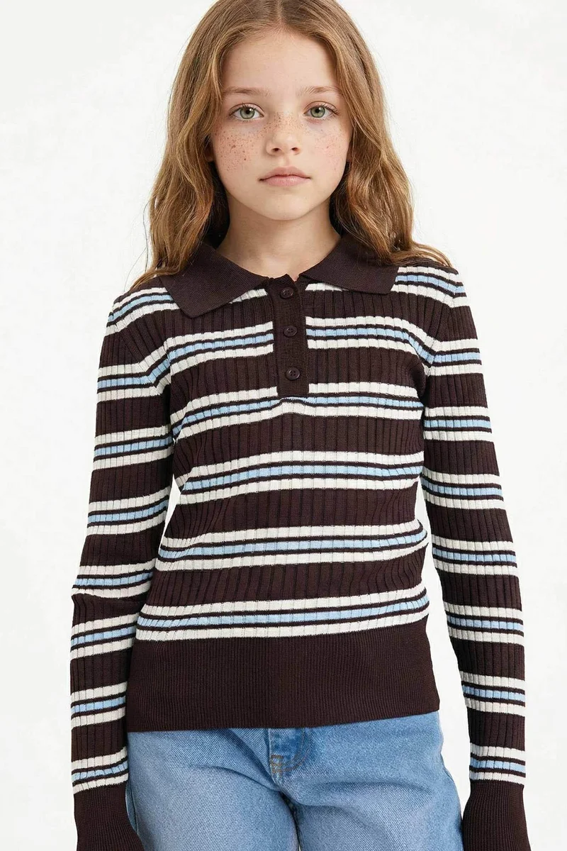 ديفاكتو Girl Regular Fit Polo Collar Pullover