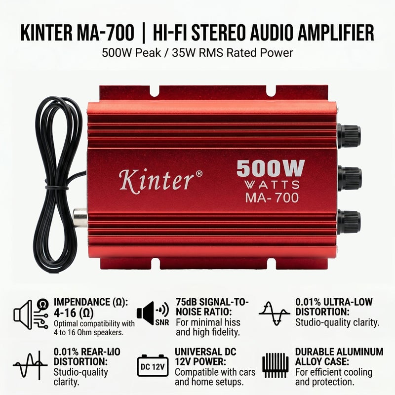 Car Mini Amplifier USB MP3 FM High Power With Remote Control MA700 Red - Image 1