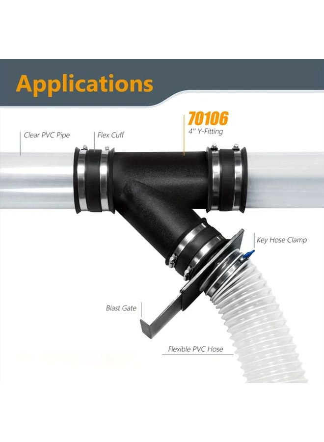 Black 4 Inch Y Fitting Wye Adapter For Dust Collection System Flexible Hose Pipe - Image 3