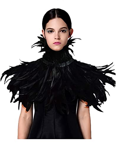 L'VOW Black Feather Shrug Cape Raven Crow Shawl Collar Maleficent Halloween Black Swan Costumes for Women(Black003) - Image 2