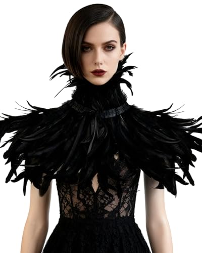 L'VOW Black Feather Shrug Cape Raven Crow Shawl Collar Maleficent Halloween Black Swan Costumes for Women(Black003) - Image 1