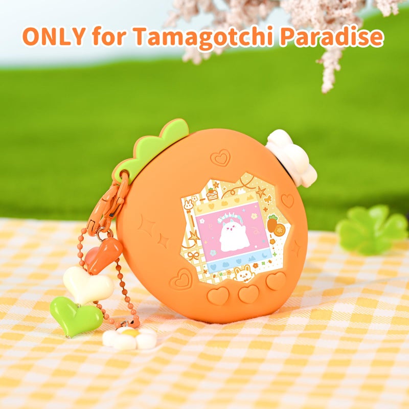 BUBBLELOGUS Strawberry Bubble Protective Case for Tamagotchi Paradise, Soft TPU Silicone Cover with Holographic Faceplate, Flower Shaped Zoom Dial Cap & Charms Set, Anti-Scratch & Waterproof (Orange) - Image 2