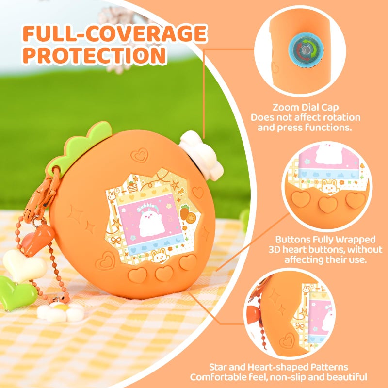 BUBBLELOGUS Strawberry Bubble Protective Case for Tamagotchi Paradise, Soft TPU Silicone Cover with Holographic Faceplate, Flower Shaped Zoom Dial Cap & Charms Set, Anti-Scratch & Waterproof (Orange) - Image 4