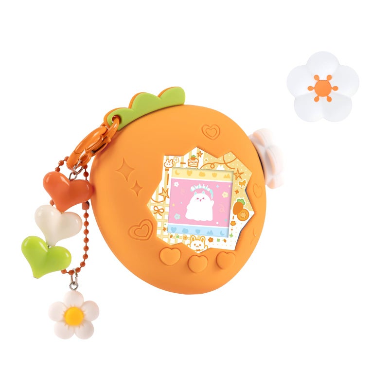 BUBBLELOGUS Strawberry Bubble Protective Case for Tamagotchi Paradise, Soft TPU Silicone Cover with Holographic Faceplate, Flower Shaped Zoom Dial Cap & Charms Set, Anti-Scratch & Waterproof (Orange) - Image 1