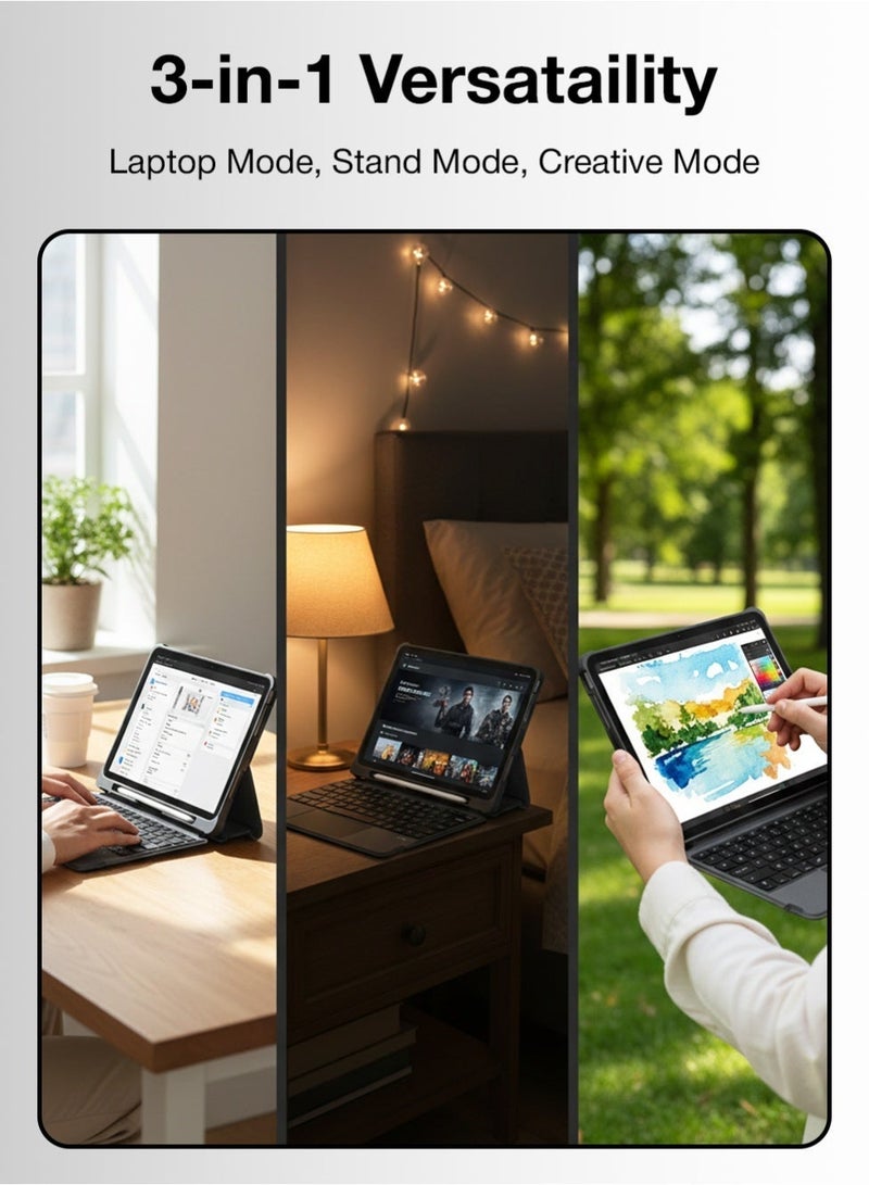 جلاسولوجي iPad Folio لجهاز iPad air 10.9/ Pro 11 الجيل الرابع والخامس 2018/20/21/22 مع لوحة مفاتيح بإضاءة خلفية قابلة للفصل وموصل ذكي باللغتين الإنجليزية والعربية مع واقي شاشة باللون الأسود الأنيق - Image 4