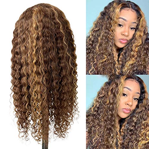 Highlight Human Hair Lace Front Wig 427 Strawberry Blonde to Brown Deep Curly 13x4 HD Lace Brazilian Virgin Hair Pre Plucked for Women Bleached Knots 150 18 Water Wave Glueless Ombre Blonde Wigs