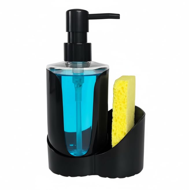 BASEEFY Kitchen Sink Soap Dispenser Set – Dual Pump for Hand & Dish Soap, Sponge & Brush Holder, Refillable Sink Organizer (Single Black) - Image 1