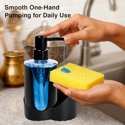 BASEEFY Kitchen Sink Soap Dispenser Set – Dual Pump for Hand & Dish Soap, Sponge & Brush Holder, Refillable Sink Organizer (Single Black) - Image 4