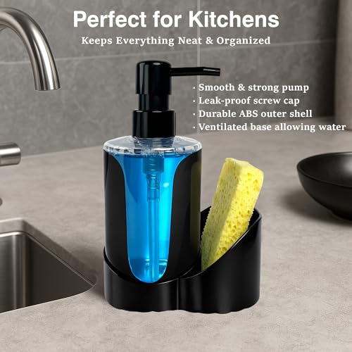 BASEEFY Kitchen Sink Soap Dispenser Set – Dual Pump for Hand & Dish Soap, Sponge & Brush Holder, Refillable Sink Organizer (Single Black) - Image 2