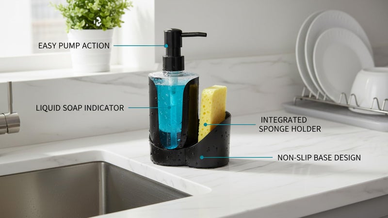 BASEEFY Kitchen Sink Soap Dispenser Set – Dual Pump for Hand & Dish Soap, Sponge & Brush Holder, Refillable Sink Organizer (Single Black) - Image 5