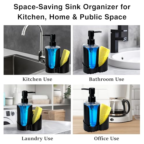 BASEEFY Kitchen Sink Soap Dispenser Set – Dual Pump for Hand & Dish Soap, Sponge & Brush Holder, Refillable Sink Organizer (Single Black) - Image 3