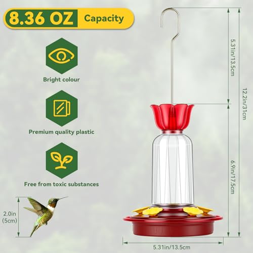 PENXUA Hummingbird Feeder for Outdoors Hanging, 8.3OZ Plastic Humming Bird Feeders with 5 Bee Guard Feeding Ports & Built-in Ant Moat,Hummingbird Gifts for Mom Bird Feeder for Outside,Garden Décor,2 Pack - Image 5