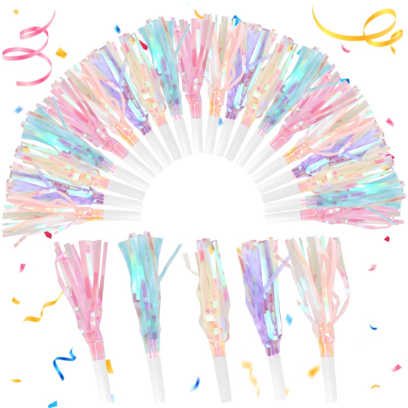 Weoxpr 30 Pieces Colorful Noisemakers Blowouts Horns Glitter Metallic Fringed Whistles and Streamersfor Birthday Party Favors GraduationNew Years Accessory SportsMermaid Supplies Pastel Colors - Image 3