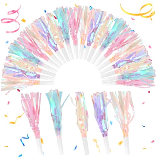 Weoxpr 30 Pieces Colorful Noisemakers Blowouts Horns Glitter Metallic Fringed Whistles and Streamersfor Birthday Party Favors GraduationNew Years Accessory SportsMermaid Supplies Pastel Colors - Image 1