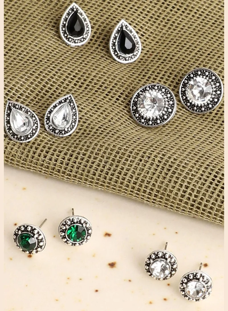 SOHI Set of 5 Silver Plated Casual Designer Stone Stud For Women