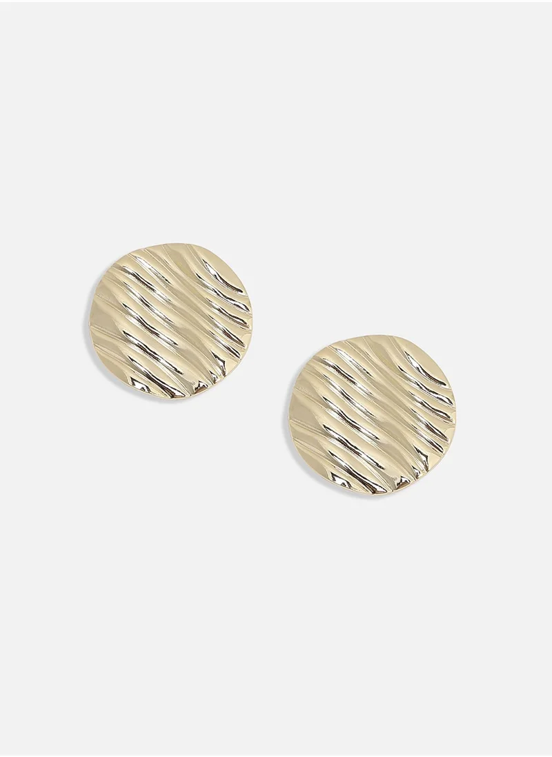 SOHI Dented Lined Circular Stud Earrings - Gold-Colour