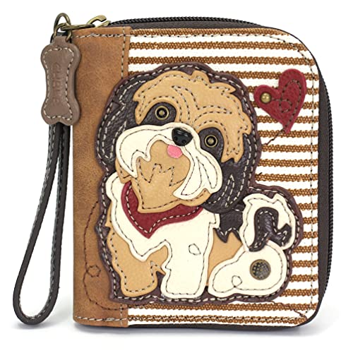 CHALA Zip Around Wallet, Wristlet, 8 Credit Card Slots, Sturdy Pu Leather - Brown Shih Tzu - Brown Stripe - Image 1