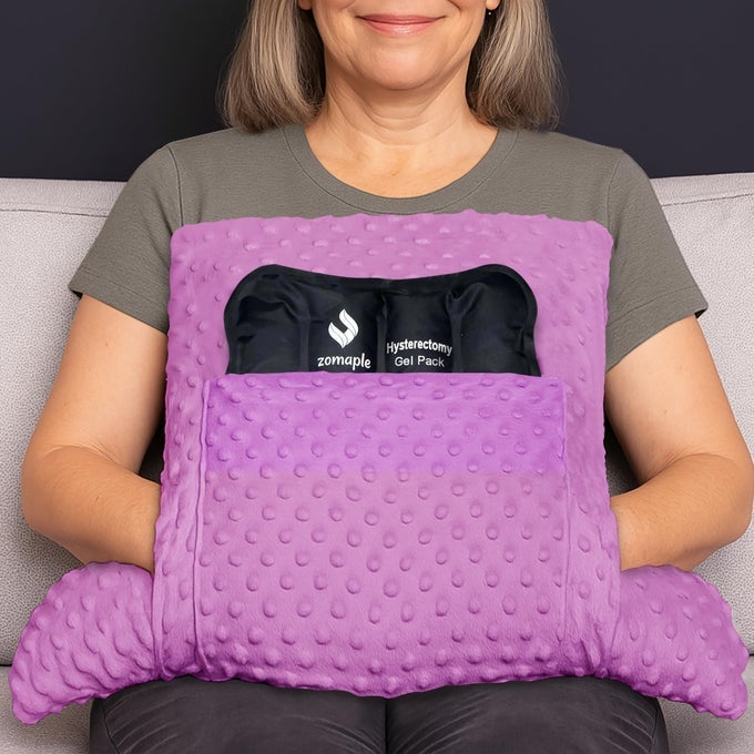 HYSTERECTOMY PILLOW POST SURGERY GEL PACK LAVENDER FULL ABDOMEN COVERAGE FOR RESTFUL TRIPS RELIEVES PRESSURE REMOVABLE COVER INCLUDED HYSTERECTOMY RECOVERY MUST HAVES