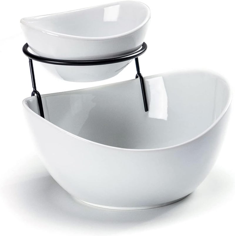 UNICASA Serving Bowls Set 2 Tier Chip and Dip Bowls with Metal Rack Stand for Fruit Salad Candy Snacks  Ceramic Tiered Appetizer Serving Dishes Food Display Stand for Parties Kitchen - Image 1