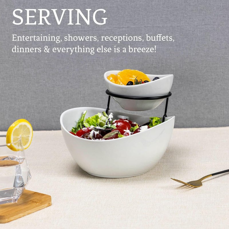 UNICASA Serving Bowls Set 2 Tier Chip and Dip Bowls with Metal Rack Stand for Fruit Salad Candy Snacks  Ceramic Tiered Appetizer Serving Dishes Food Display Stand for Parties Kitchen - Image 3